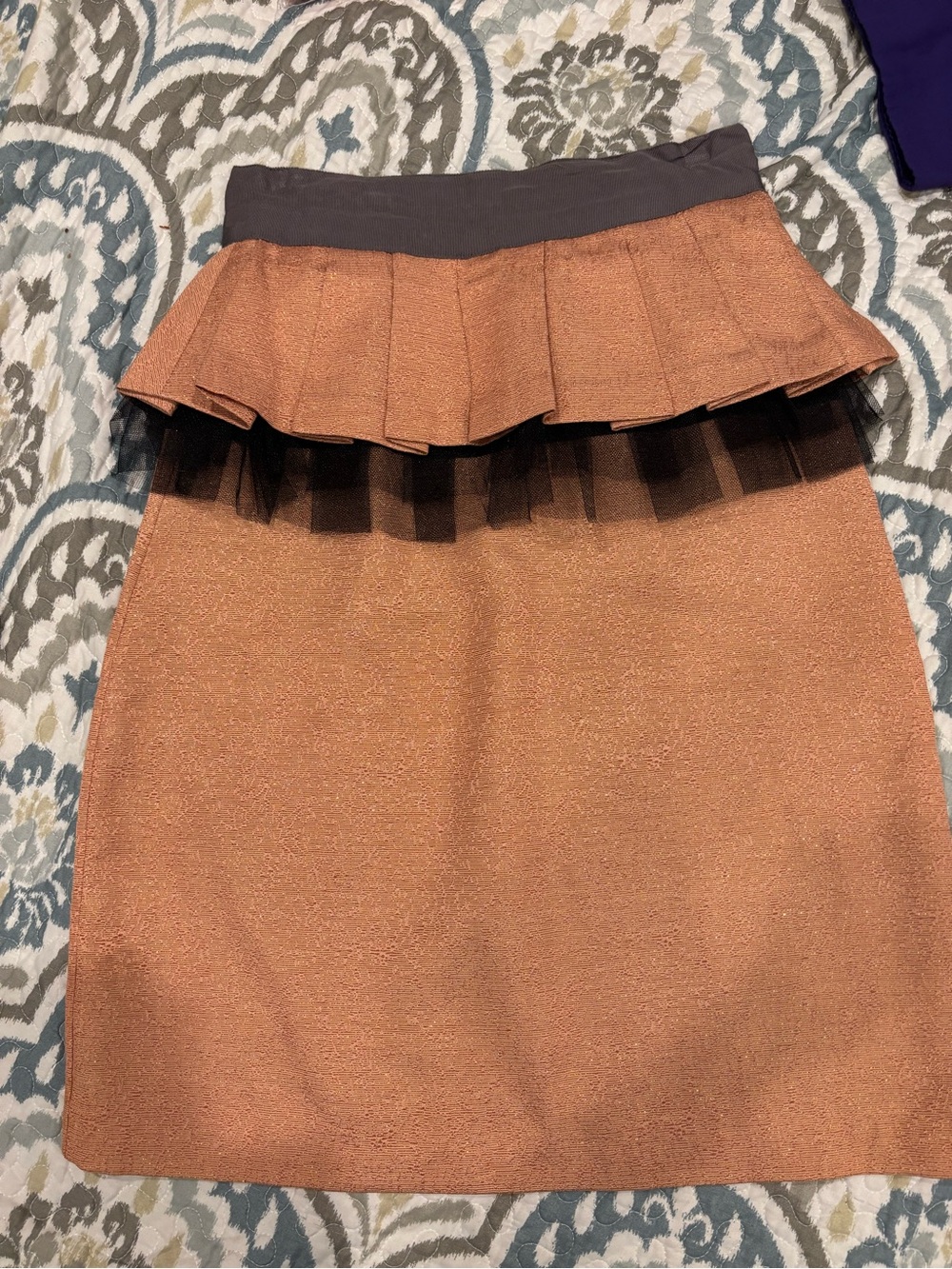 Twelve by Twelve Copper Peplum Pencil Skirt with Black Waistband